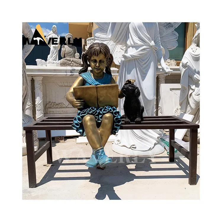 Özel Metal sanat bakır çocuk köpek ve kız tezgah üzerinde heykeli heykel yaşam boyutu bronz pirinç kız tezgah heykelleri üzerinde oturan