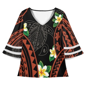 Hawaii fleurs et <span class=keywords><strong>tortue</strong></span> Design polynésien Tribal <span class=keywords><strong>tatouage</strong></span> imprimé Blouses mignon surdimensionné col en v femmes Blouses t-shirts pour femmes - Product Image 1
