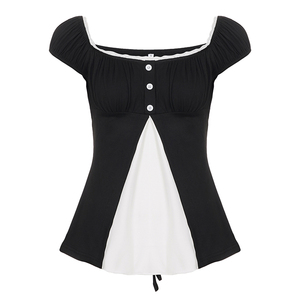 Haut en dentelle douce effet deux pièces pour femme – Blouse décontractée évasée à ourlet trapèze et blocs de couleur - Product Image 6