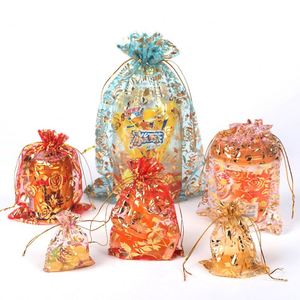 Wholesale Gold Foil Rose Flower Gauze Drawstring <b>Bag</b> Organza Wedding Candy Gift Packaging Decoration Model 002 Custom Logo China - Product Image 1