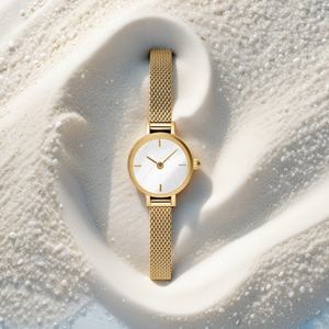 Montre pour femme personnalisée 19 mm à quartz, en acier inoxydable doré, bracelet maille milanaise, cadran blanc nacré, style professionnel, avec aiguilles et verre en cristal - Product Image 4