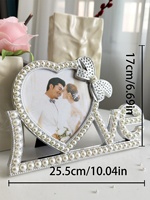 Cadre photo en plastique argenté 5 pouces, forme cœur perlé, imprimé UV, cadeau souvenir de mariage pour couple, style romantique IELE