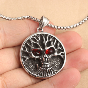 Yunnique – pendentif crâne en acier inoxydable avec pierre rouge, design arbre de vie, pour hommes et femmes, collier à la mode, 231044 - Product Image 3