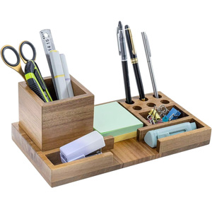 Mygift Wooden Desktop Organizer Solid Acacia Wood Office Storage <b>Box</b> For <b>Pens</b> Pencils And Memo Cards - Product Image 3