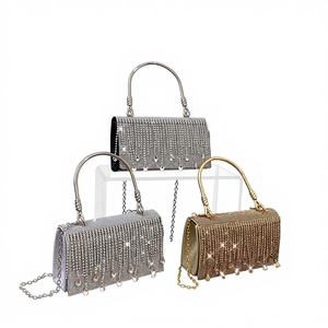 Tassel Shiny Metal Small <b>Square</b> Cover Closure Gold Mobile Phone Rhinestone Chain PU Crossbody Bag for Women Daily Use Tanjing - Product Image 1