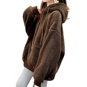 เสื้อสเวตเชิ้ตมีฮู้ดผู้หญิงแบบไม่มีป้ายยี่ห้อ ทรงหลวม บุขนหนานุ่ม อุ่นสบายสำหรับฤดูใบไม้ร่วงและฤดูหนาว ผลิตจากโพลีเอสเตอร์ พร้อมดีไซน์ลายนูน 3 มิติ - Product Image 1