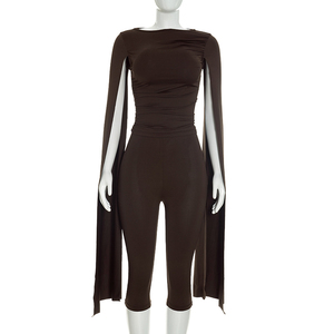 Viviblook J26ST387 Conjunto de 2 piezas de pantalones cortos ajustados de manga larga de color sólido para mujer - Product Image 1