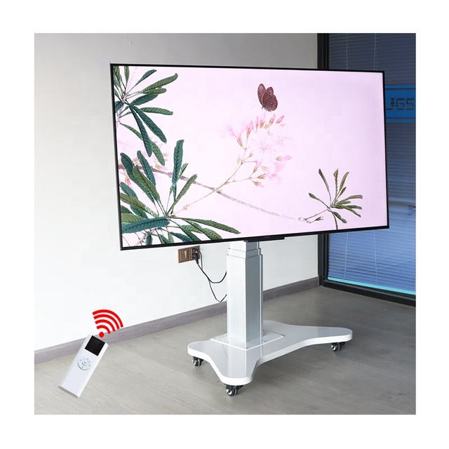 JGST Customized Electric Flip Down Movable TV Floor Stand Height and Angle Adjustable Mobile Swivel Tv Lift Cart with Wheels