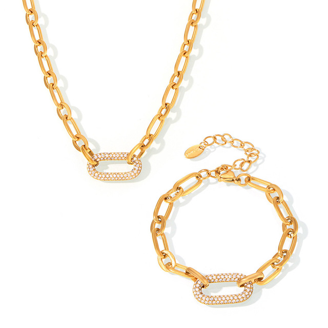 High Quality 18K Gold Plated Stainless Steel Necklace Bracelet Set for Women Fashion Micro-Inlaid Zircon Chain Link Necklace