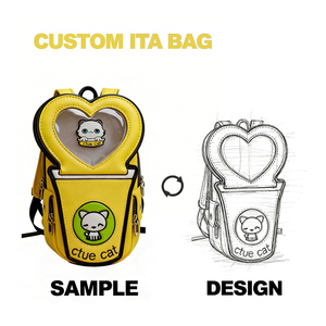 Mochila personalizada con ventana transparente en forma de corazón, diseño de gato lindo, mini mochila de cuero PU Kawaii con diseño de taza para exhibir pines de anime. - Product Image 1