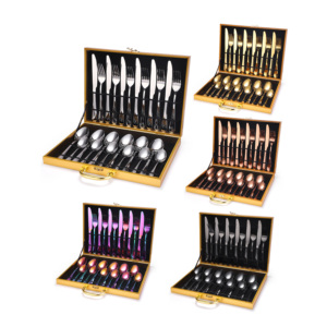 Bán hàng nóng khách sạn cổ điển Flatware với trường hợp bằng gỗ thép không gỉ dao muỗng nĩa đặt Vàng dao kéo 24 cái không gỉ - Product Image 1