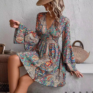Vestido Mini Boho con Estampado Floral, Cuello en V, Mangas Campana, Cintura Alta, Casual, para Verano, <span class=keywords><strong>Playa</strong></span>, Vacaciones, Venta al Por Mayor - Product Image 4