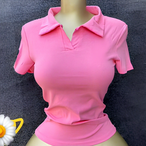 Camiseta de Manga Corta con Cuello Polo para Mujer, Tejida en Algodón, Color Sólido, Transpirable, Estilo Preppy, Corte Ajustado, para Primavera/Verano - Product Image 4
