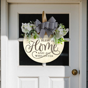 Decorazione con Fiori Artificiali, Fiocco e Targa Sospesa, Insegna di Benvenuto in <span class=keywords><strong>Legno</strong></span> con Design Inciso in Stile Rustico - Product Image 2