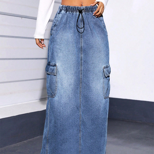 Falda vaquera lavada versátil nueva personalizada Falda vaquera larga con bolsillo vintage - Product Image 6