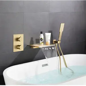 豪华拉丝金浴室淋浴方形3孔单手柄浴缸水龙头