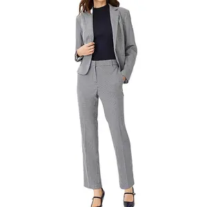 Customized Latest Lady Suits Styles Vintage Gray Trendy Formal Plaid Blazers Business Hight Waist Slim Pants Women 2 Piece Sets