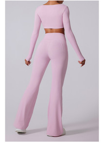 CY002 Pantalones Acampanados de Cintura Alta para <span class=keywords><strong>Mujer</strong></span>, Top Deportivo de Cuello Cuadrado, Conjunto de Yoga Sexy de Manga Larga - Product Image 3