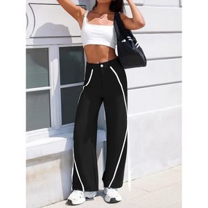 Fisoew Pantalones anchos para mujer, pantalones Palazzo con rayas laterales y cintura alta, pantalones casuales de pierna recta - Product Image 5