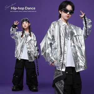Vêtements de danse de rue tendance pour enfants, ensemble veste en cuir <span class=keywords><strong>brillant</strong></span> hip-hop pour garçon et pantalon de travail, vêtements de performance pour fille sur scène et défilé - Product Image 2