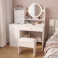 Table de toilette moderne multifonctionnelle en bois pour petite chambre et dressing, avec miroir LED éclairé, étagères ouvertes et réglables