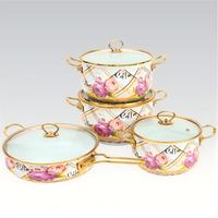 Lot de casseroles en émail vintage à motifs floraux, 4 tailles, faitout rond en émail avec double poignée pour cuisine domestique