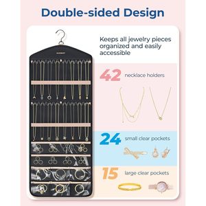 Organisateur de bijoux suspendu double face avec crochets pour colliers, boucles d'oreilles, bagues, rangement mural - Product Image 2