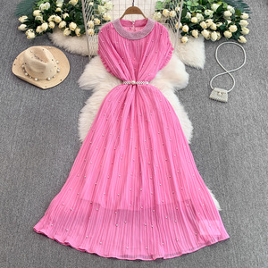 Robe d'été en mousseline de soie longue avec perles de luxe pour les femmes Loose Big Size Short Sleeve Crystal Birthday Evening Midi Pleated Dresses - Product Image 2