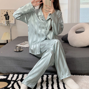 Set di pigiami in raso di seta di ghiaccio da <span class=keywords><strong>donna</strong></span> per adulti 2 pezzi primavera-autunno <span class=keywords><strong>abbigliamento</strong></span> per la casa con elastico in vita per indumenti da notte estivi - Product Image 1