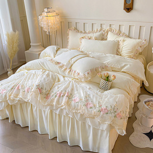 Phong Cách Mới Cô Gái Hoa Công Chúa Phong Cách Sang Trọng Giường Bìa Đặt Bốn Mảnh Thêu Bộ Đồ Giường Đặt - Product Image 5