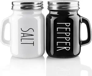 Muối và hạt tiêu Shakers Set, dễ thương nhà bếp trang trí nội thất cho nhà hàng nhà đám cưới, Glass Black White Shaker sets với không gỉ