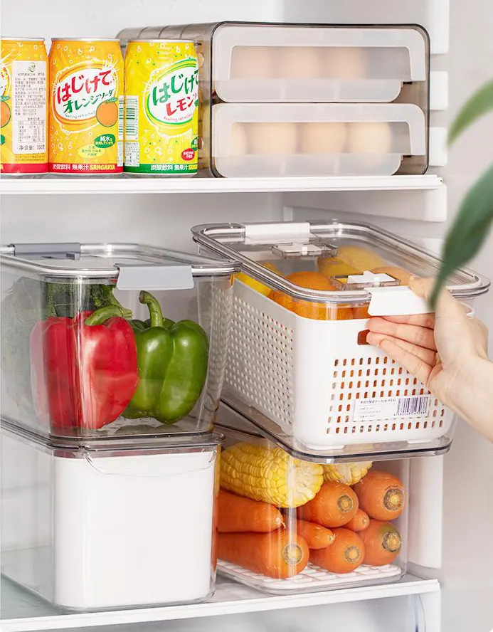 냉장고 조직자 냉장고 저장 냉장고 조직자 bins 냉장고 저장통 하수구 바구니를 가진 투명한 저장 상자