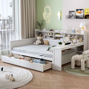 Lit pour enfants avec bureau et étagère, tiroirs de rangement blancs, meubles de chambre à coucher pour enfants - Product Image 1