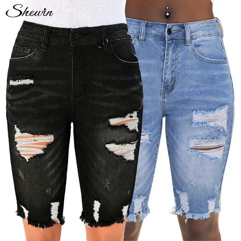 Blue/Black Casual High Waist Mid-Length Casual Tassel Denim Shorts Bermuda Women Ripped Jeans Shorts