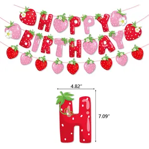 새로운 딸기 테마 생일 파티 장식 딸기 깃발 종이 배너 케이크 카드 라텍스 풍선 딸기 파티 용품