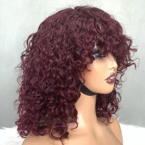 Top Quality Sdd Wine Colour Water Curly Raw Indian Glueless Wigs,Luxury Curl #99J Machine Made Bang Bob Wig Virgin Hair Supplier