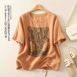White Cotton <b>Linen</b> Printed Short Sleeve <b>Top</b> With Drawstring Loose Fit Casual Women's <b>Plus</b> <b>Size</b> Summer T-Shirt - Product Image 3
