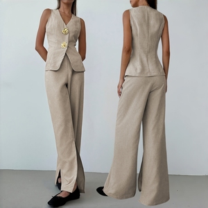Conjunto de Dos Piezas de Ropa <span class=keywords><strong>para</strong></span> Mujer J015, <span class=keywords><strong>Chaleco</strong></span> sin Mangas de Color Sólido <span class=keywords><strong>para</strong></span> Mujer, Pantalones Anchos <span class=keywords><strong>con</strong></span> Abertura Lateral, Conjunto de Dos Piezas, <span class=keywords><strong>Traje</strong></span> de Oficina <span class=keywords><strong>para</strong></span> Mujer - Product Image 1
