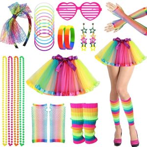Ensemble d'accessoires de déguisement arc-en-ciel années <span class=keywords><strong>80</strong></span> : Jupe <span class=keywords><strong>tutu</strong></span>, chauffe-jambes, gants résille, lunettes, boucles d'oreilles, bracelet, collier, bandeau - Product Image 1