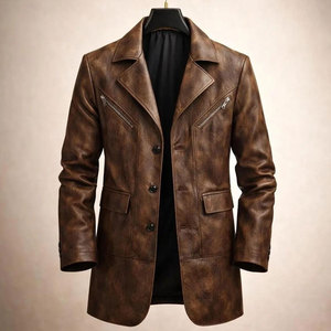 New Stylish <b>Men's</b> Genuine Leather Blazer Notched Lapel Single Breasted <b>Trench</b> <b>Coat</b> With Single Button Regular Sleeve - Product Image 4