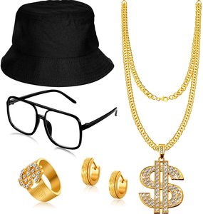 80s 90s Hip Hop Costume Kit Cosplay Halloween Rappeur Or Collier Chaîne Bracelet Boucles D'oreilles Punk Lunettes De Soleil Costume Pantalon Top - Product Image 4