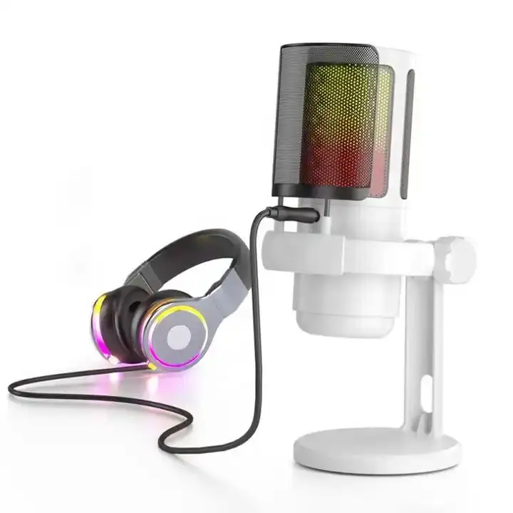 2024 yeni varış ME6P-White kardioid RGB oyun beyaz mikrofon ile yuvarlak standı ve Pop filtre