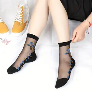 5 Pairs Mesh Floral Print Mid Tube Socks Crystal Glass Short Thin Socks Women's Stockings Hosiery