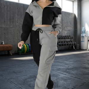 Ensemble de survêtement patchwork pour femme, sweat à capuche zippé et pantalon de jogging deux pièces avec poches latérales, vêtements de sport décontractés - Product Image 5
