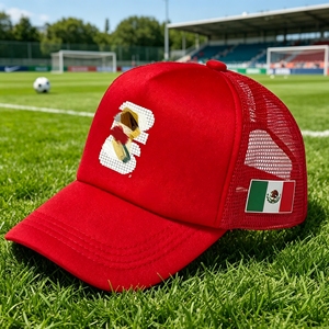 Mexico <b>Hat</b> Mesh 5-Panel Baseball Cap 100% Polyester Sporty Vintage Embroidered Patch for Soccer Fan Red Blue <b>Black</b> <b>White</b> - Product Image 1
