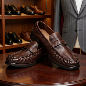 Mocasines de cuero genuino para hombre, punta redonda, sin cordones, suela de goma, para todas las estaciones, zapatos casuales de negocios - Product Image 1