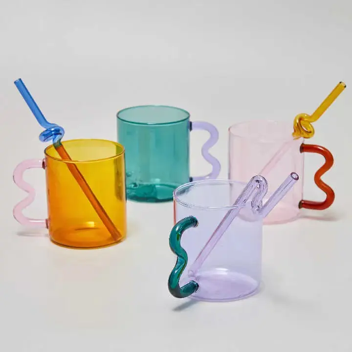 2022 New Design Water Cup With Handle Double Wall Glass Drinking Coffee Cups Colored Glass Tea Cups Mugs