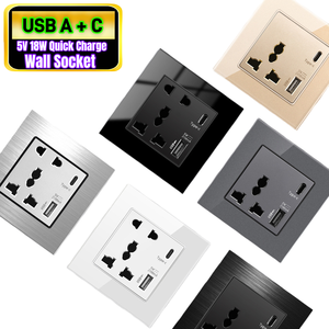 เต้ารับติดผนังแบบชาร์จเร็ว Universal 5V 18W ช่องเสียบ USB Type-C คู่, เต้ารับไฟฟ้าอัจฉริยะ 110-250V, แผงกระจกพีซีลายโลหะ - Product Image 1