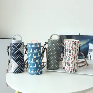 Mode Stijl Draagbare Fles Cover Bloemen Printing Katoen Linnen Cup Covers Outdoor Fles Houder Cover Opbergtas Met Riem