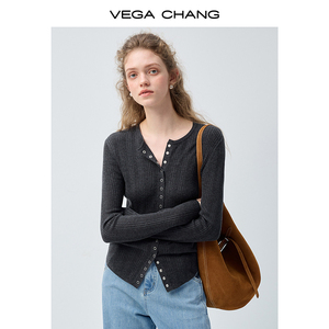 Suéter de Punto con Botones Plateados para Mujer, Marca VEGA CHANG, Color <span class=keywords><strong>Gris</strong></span> Oscuro, <span class=keywords><strong>Cuello</strong></span> en V, Estilo Casual, Prenda de Punto Elegante - Product Image 3